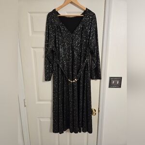 Black And Silver Party Midi Dress V Neck  Belted Size 4XL